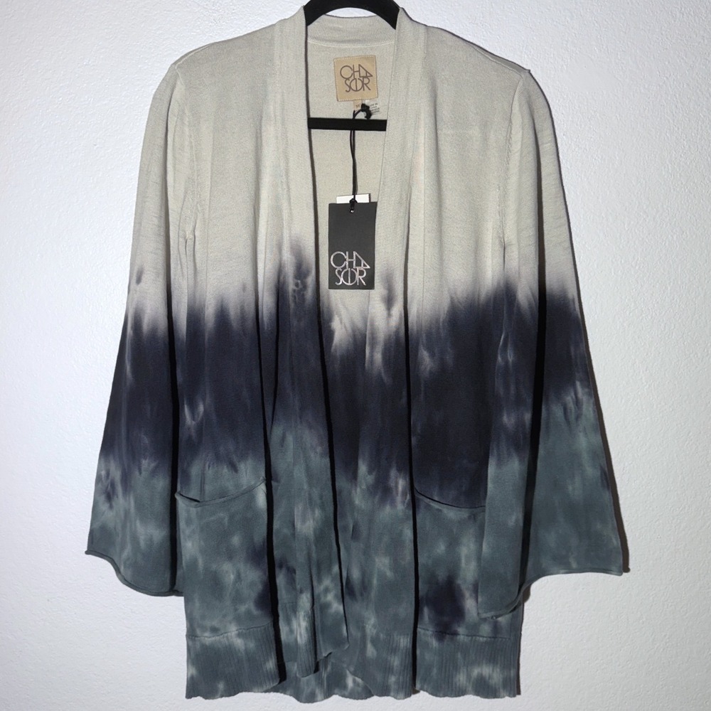 New Chaser Foam Tie Dye Open Front Cotton Cardigan Sweater Blue Cream M